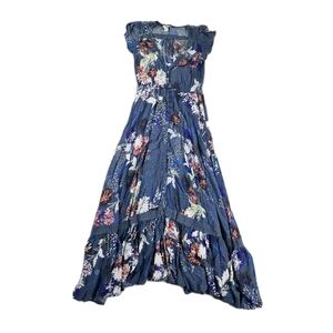 Jaase Blue Boho Floral Maxi Dress XS Button Front Lace Trim Stretch Resort Summe